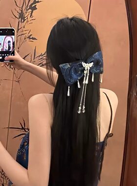 「蓝绸藏银」2026新款新中式蝴蝶结流苏发夹女后脑勺发卡国风头饰