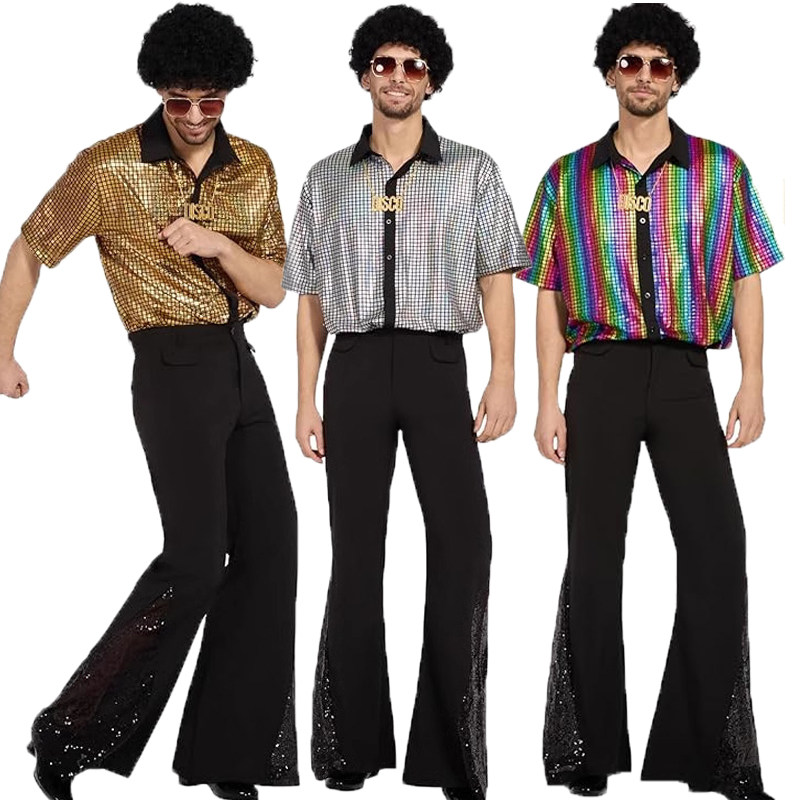 港风70年代迪斯科夜店炸街古惑仔短袖衬衫男歌手演出喇叭裤全套装