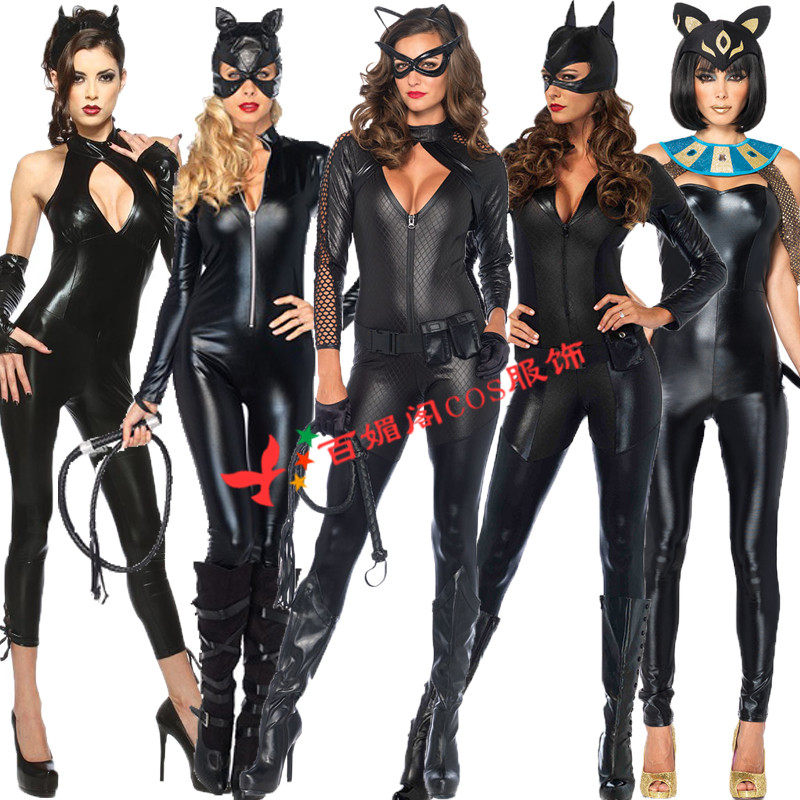 性感漆皮豹纹猫女郎服装连体皮裤猫女装万圣节演出服DS夜场舞台装