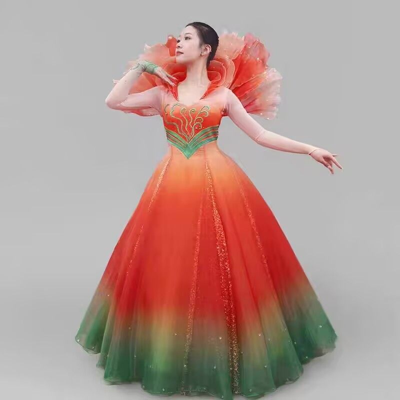 高端舞台服现代舞蹈服橙绿流光男女大气开场舞表演服艺考服大摆裙