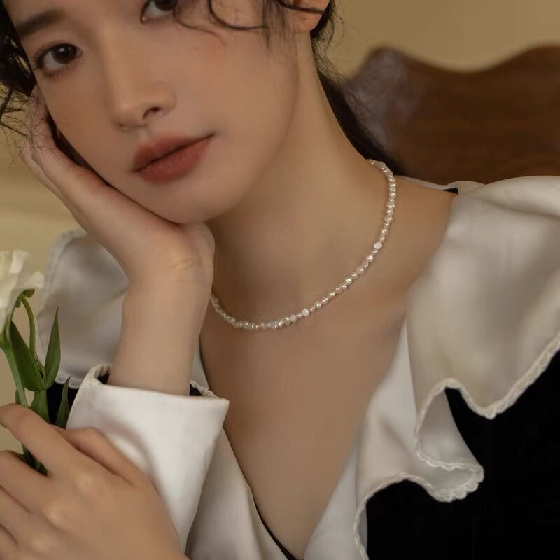 碎银子强光天然巴洛克小珍珠项链女锁骨链简约颈链通体银扣 素银