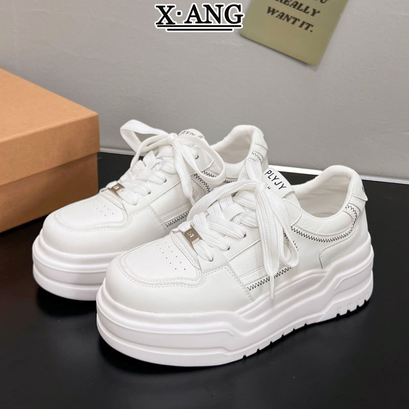 头层牛皮5.5cm厚底增高板鞋系带小白鞋子女鞋百搭轻便休闲运动鞋