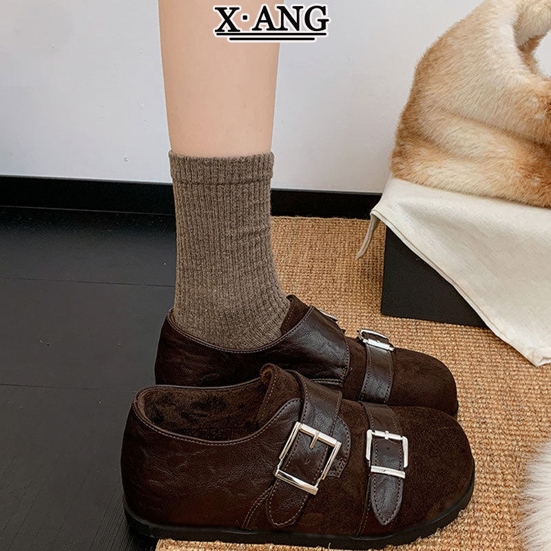 真皮复古风皮带扣厚底全包勃肯鞋子女加绒保暖棉鞋玛丽珍鞋乐福鞋