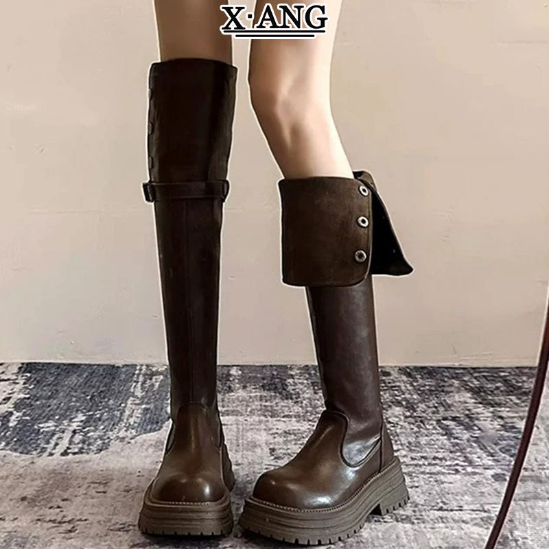 真皮美拉德棕色不掉筒两穿过膝长靴女厚底高筒靴粗跟显瘦骑士靴子