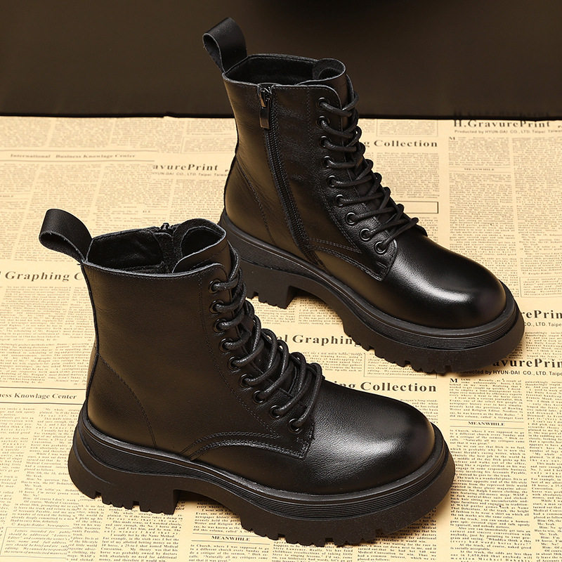 真皮马丁靴女款2024新款英伦风头层牛皮秋冬靴子黑色厚底初秋短靴