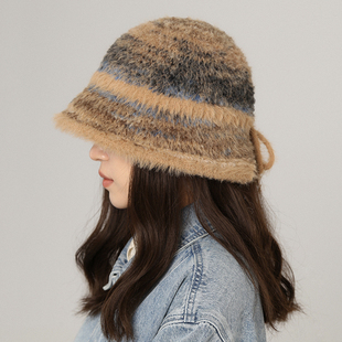 高级感新款毛绒渔夫帽女秋冬加绒加厚保暖毛线帽水桶帽大头围盆帽