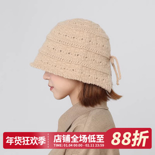 后开叉显脸小镂空针织帽毛线渔夫帽女秋冬新款盆帽保暖护耳水桶帽