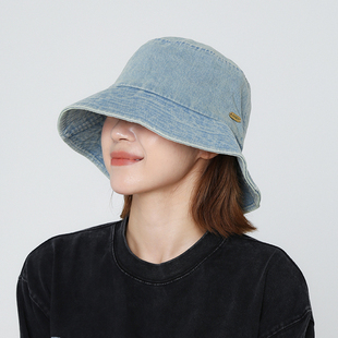 新款高级感牛仔渔夫帽女夏季大头围盆帽显脸小复古户外蓝色水桶帽