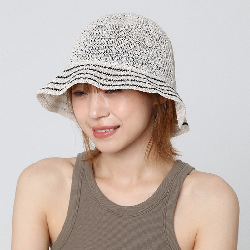 薄款镂空透气条纹渔夫帽女遮阳图片