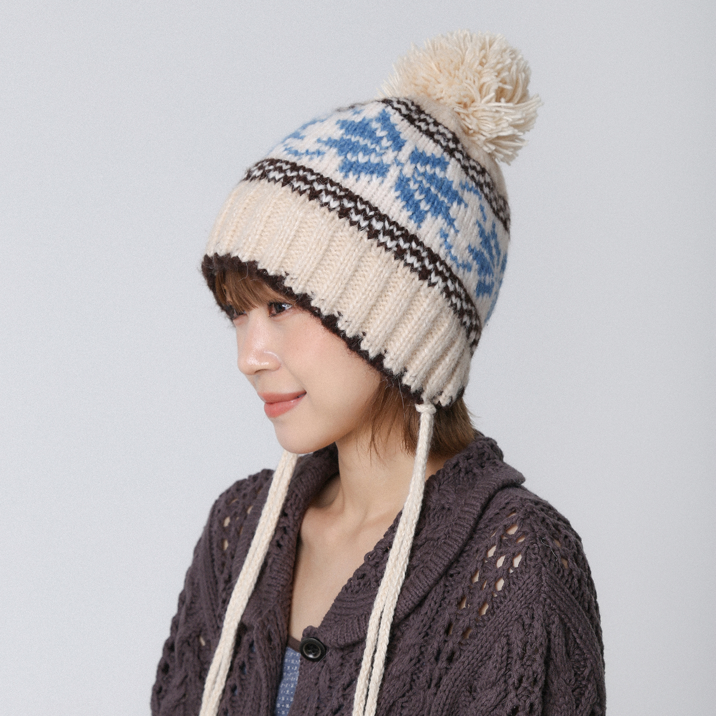 提花费尔岛风圣诞毛球针织帽