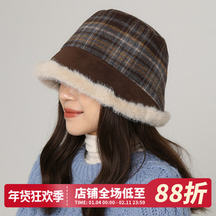 复古拼色格纹毛呢渔夫帽女秋冬加厚毛绒保暖盆帽护耳防寒水桶帽子