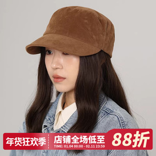 鹿皮绒英伦做旧复古鸭舌帽女秋冬气质马术帽平顶帽大头围海军帽子