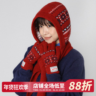 新年红色两件套巴拉克拉法帽女大头围秋冬季针织帽子围巾一体手套