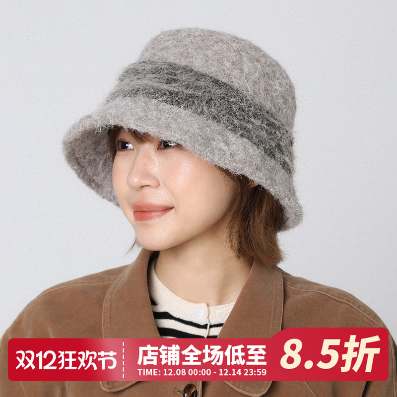 毛绒灰色渔夫帽针织帽女秋冬新款