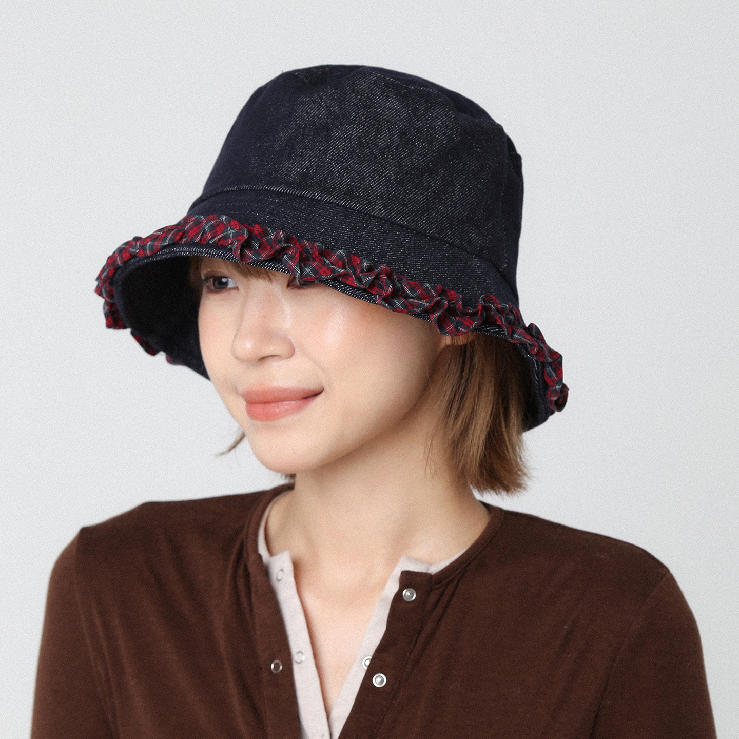 牛仔格子花朵渔夫帽女新款帽子