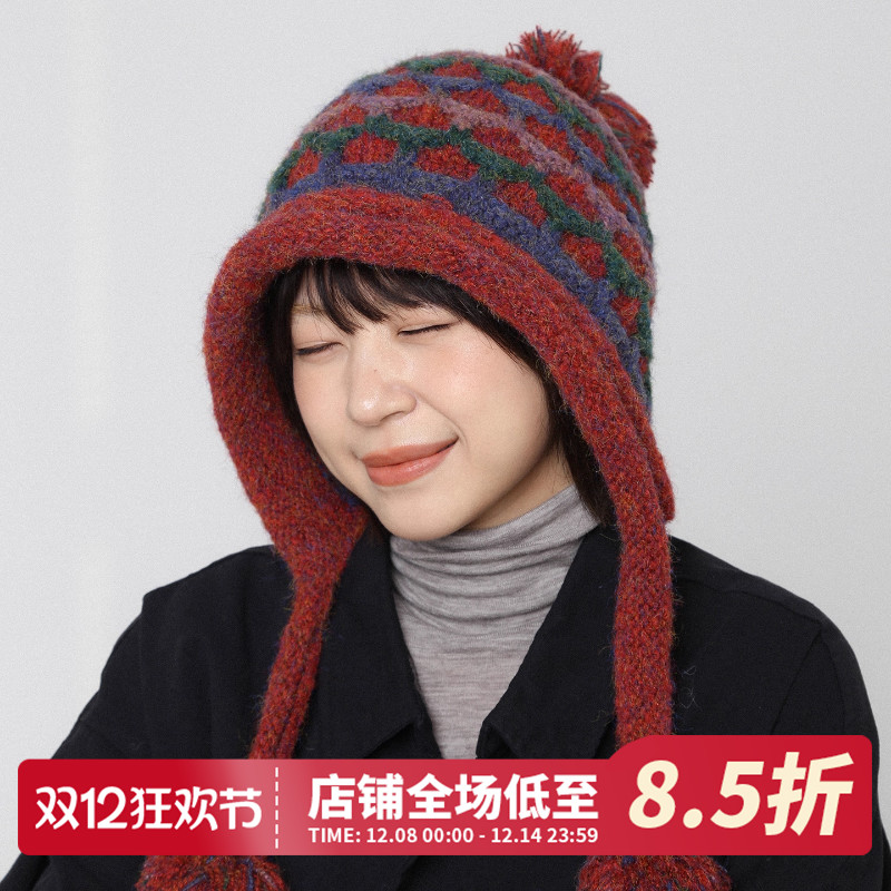 红色费尔岛风复古毛球针织帽
