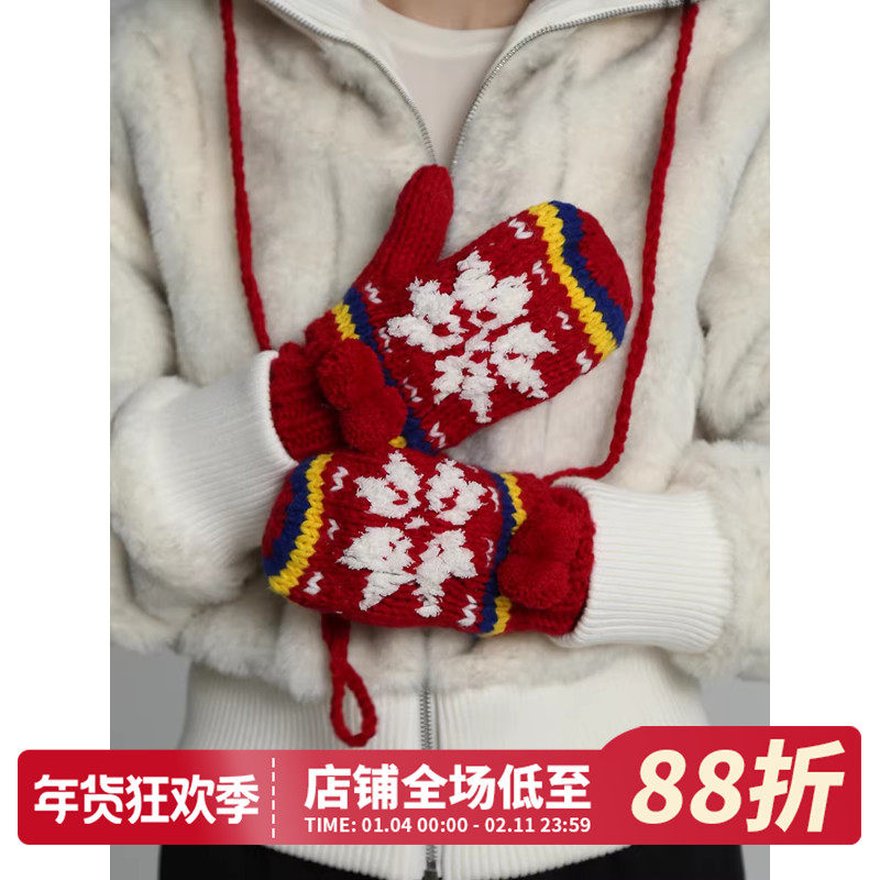 新年红色雪花手工针织毛线连指女冬季保暖防寒可爱全指挂脖手套