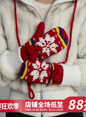新年红色雪花手工针织毛线连指女冬季保暖防寒可爱全指挂脖手套