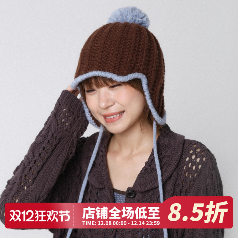 韩系拼色毛球针织帽女雷锋帽保暖