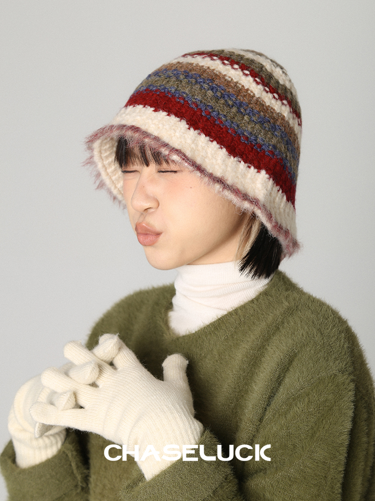 CHASELUCK针织渔夫帽子撞色条纹