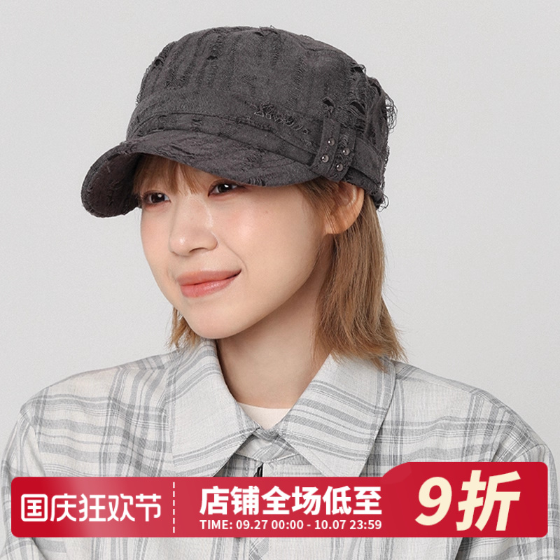 破洞废土风灰色平顶帽子女春夏季