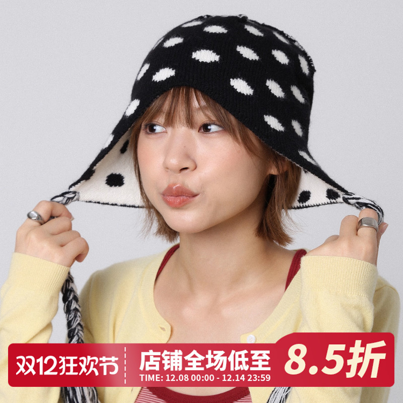 双面可带可爱波点针织帽流苏辫子