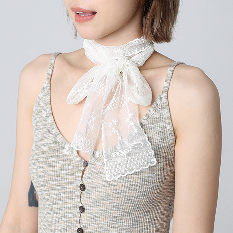 法式白色花朵蕾丝长条丝巾新围巾