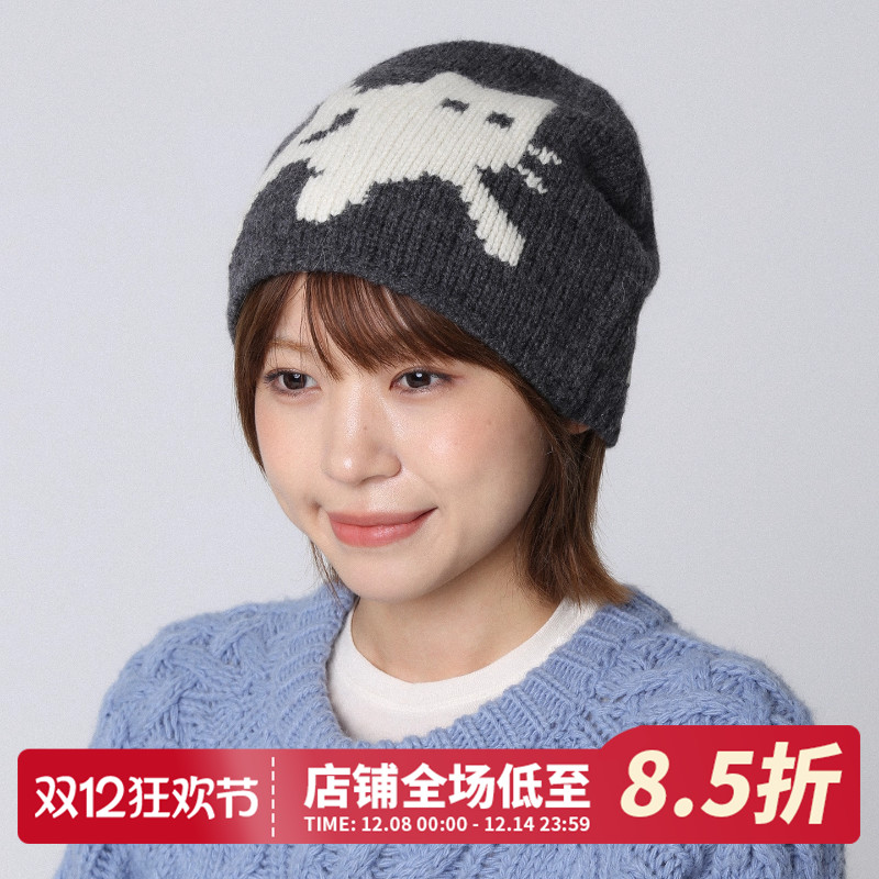 100%羊毛卡通小猫显脸小针织帽