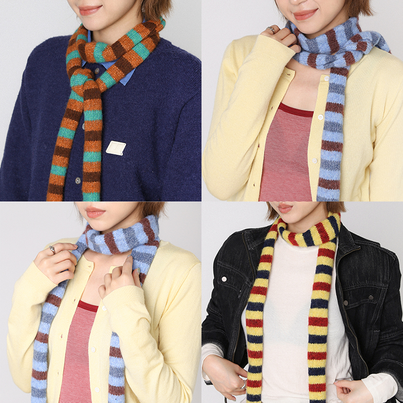 细窄长条Y2K手织针织拼色围巾女