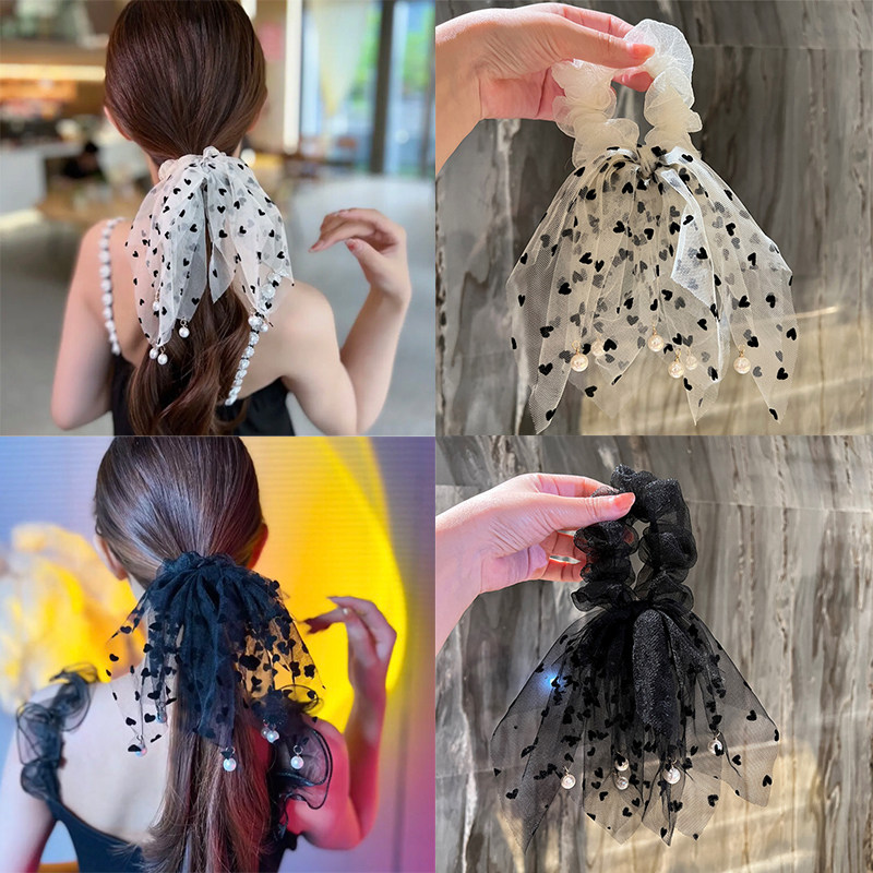 波点珍珠子流苏蕾丝网纱飘带伞形发带弹力韩国大肠发圈头绳扎头发