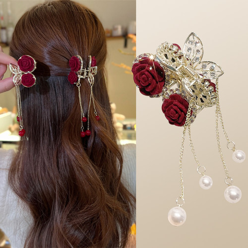 紫米半扎樱桃发夹植绒玫瑰喜庆