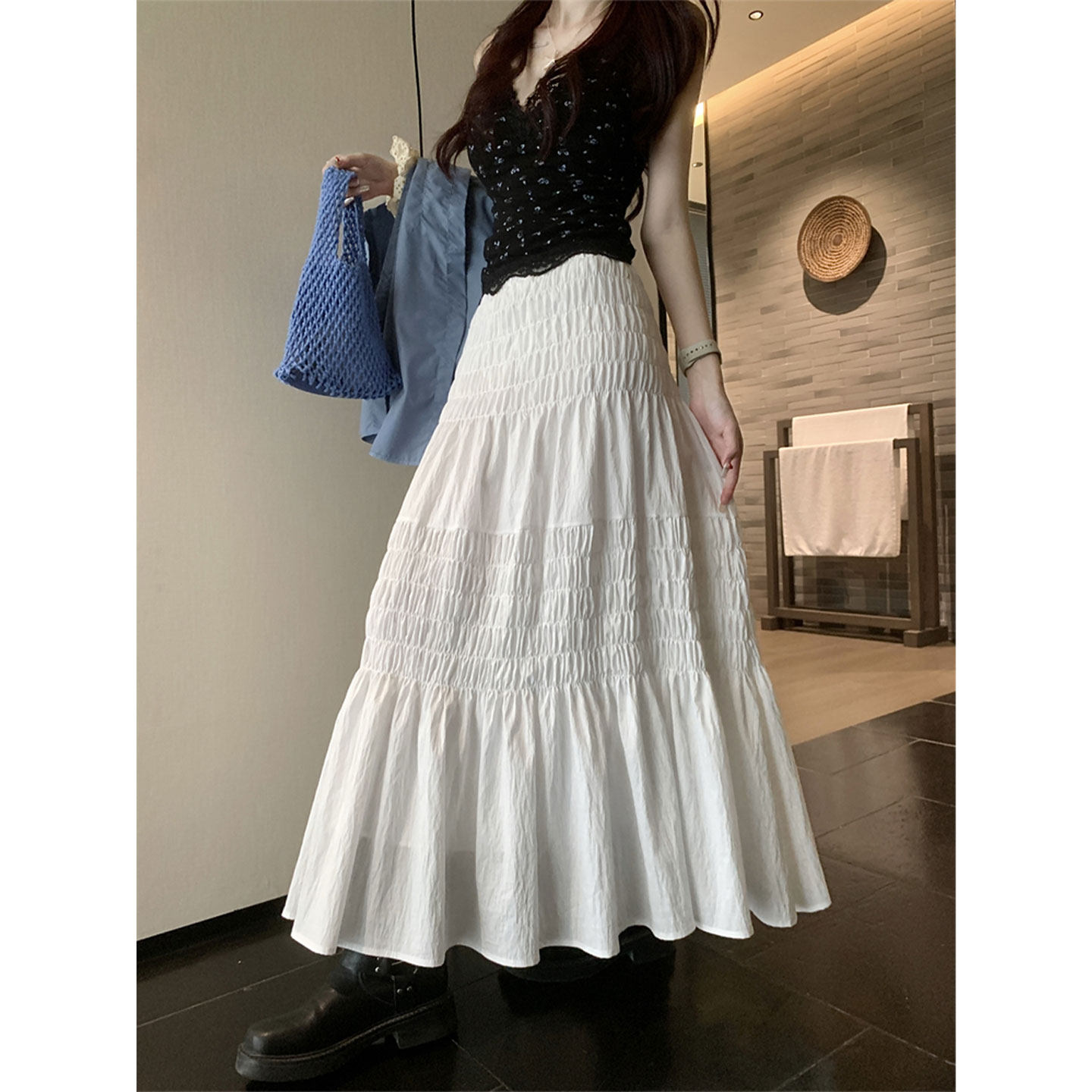 2026春季气质温柔甜美高腰打揽a字白色半身裙女设计感洋气长裙子,女装/女士精品,半身裙,淘宝优惠券,粉丝福利购,淘宝优惠卷