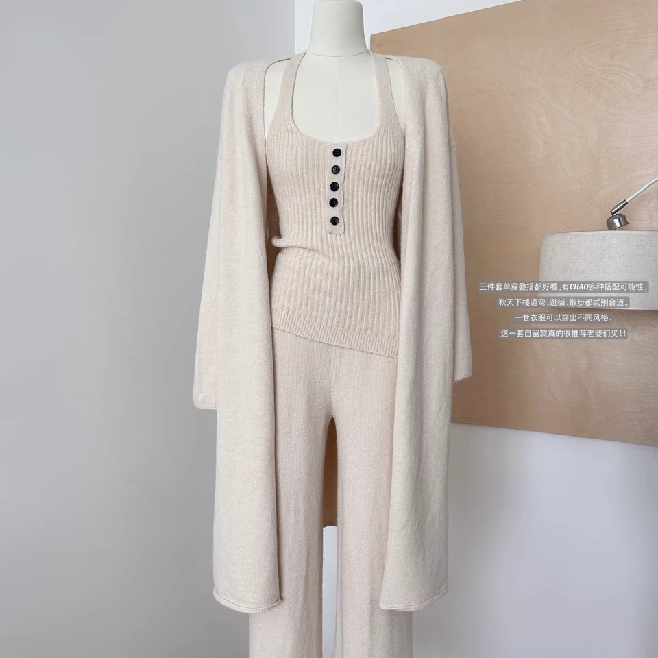慵懒风长款毛衣套装女针织三件套