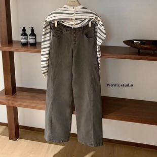 女秋宽松显瘦垂感拖地直筒阔腿裤 版 子纽扣微喇牛仔裤 裤 型超好看