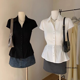 新款 设计感收腰白色短袖 夏季 女装 气质显瘦衬衣复古通勤上衣 衬衫