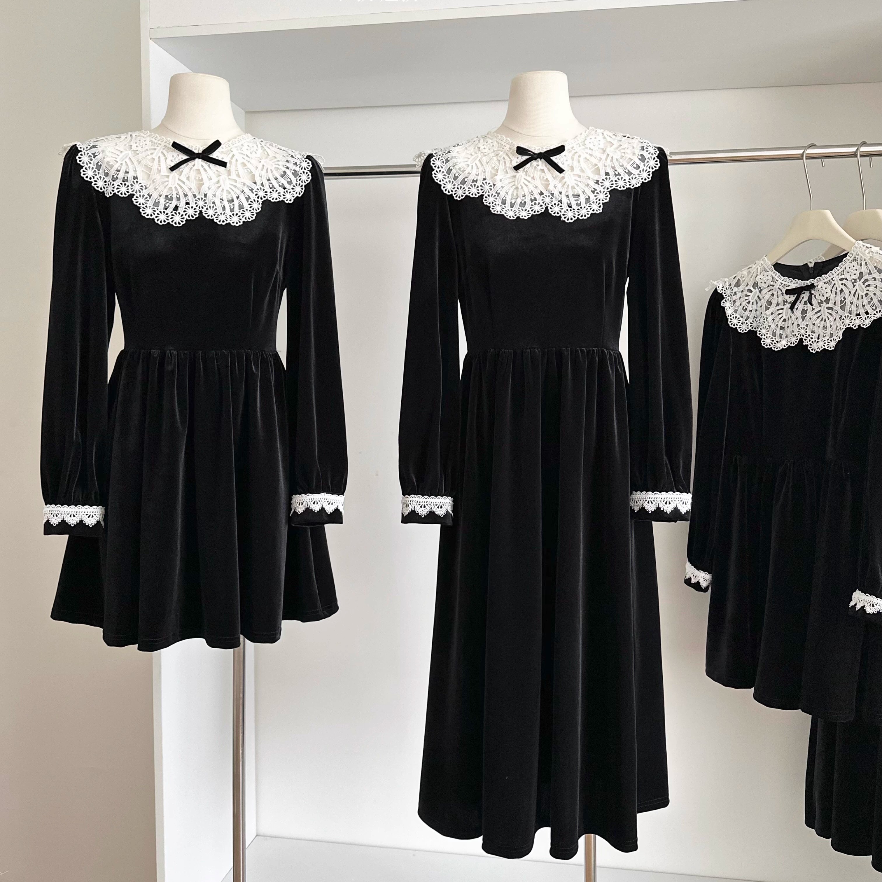 千金风撞色蕾丝拼接丝绒连衣裙秋