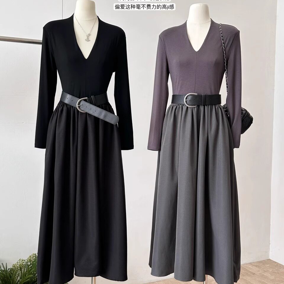 韩系简约V领拼接松紧腰连衣裙女