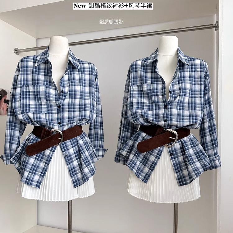 夏季穿搭一整套格纹长袖衬衫上衣女+高腰百褶半身裙+皮带三件套装