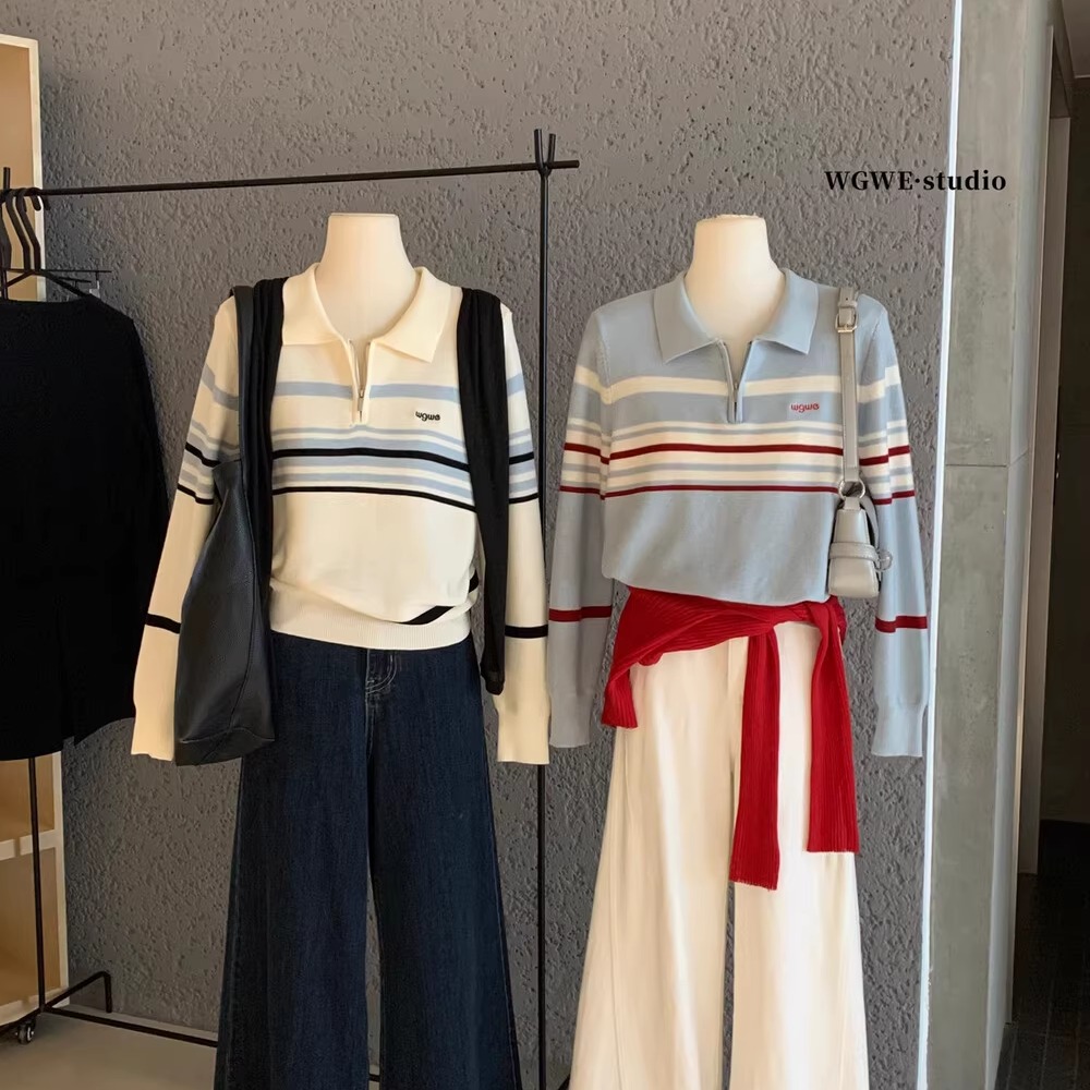 字母刺绣条纹撞色长袖羊毛针织衫