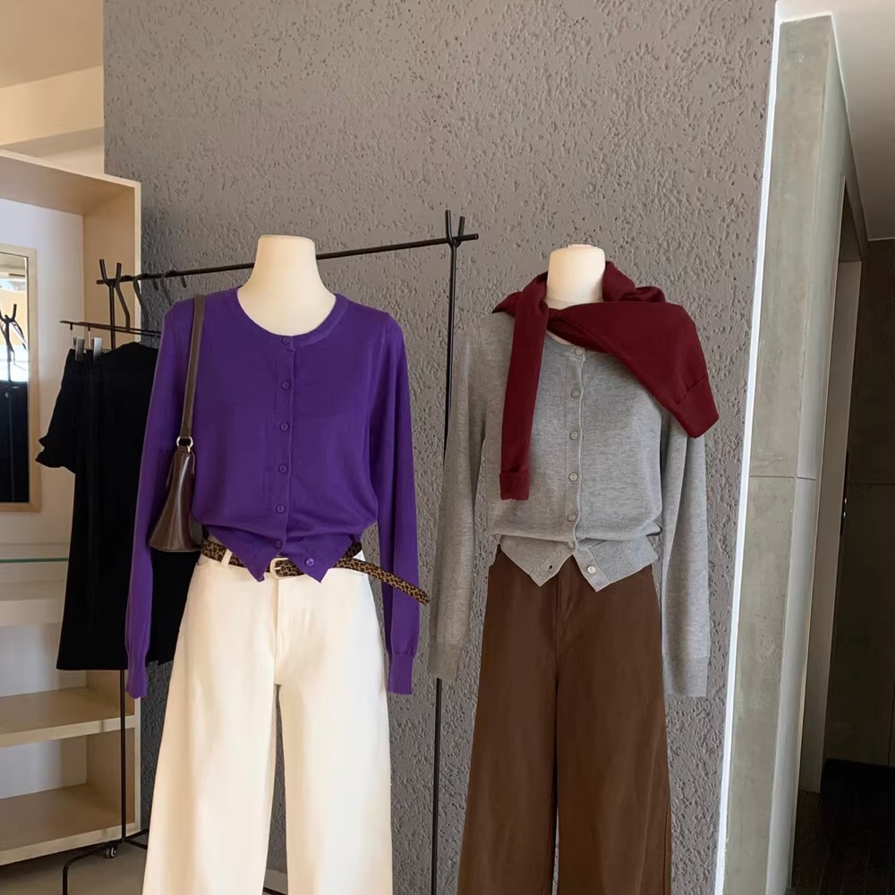 韩系氛围单排扣长袖羊毛针织开衫