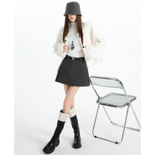 灰色侧开叉亮片毛呢裙女秋冬装超好看高腰显瘦a字半身裙包臀短裙