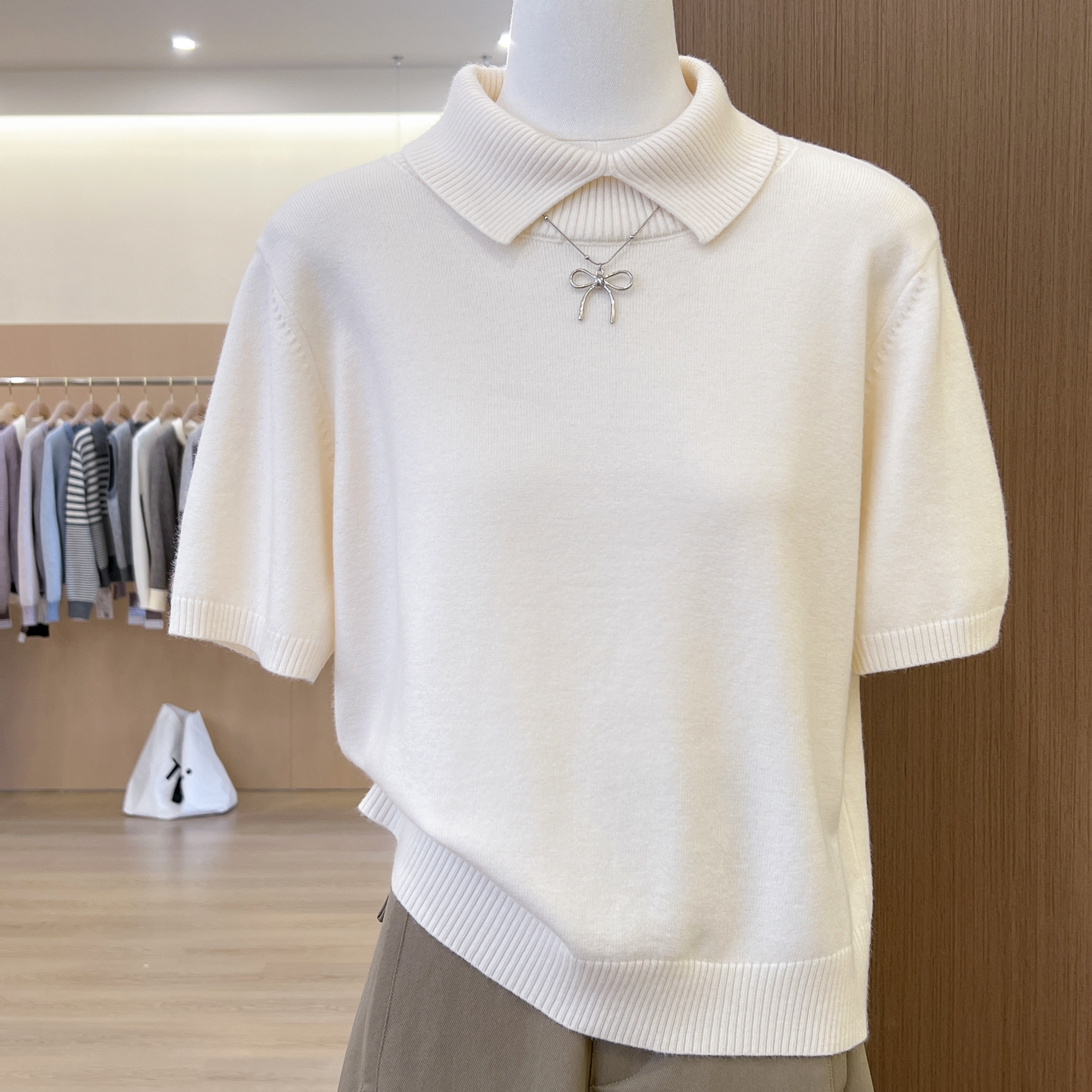 小翻领套头短袖针织衫显瘦毛衣