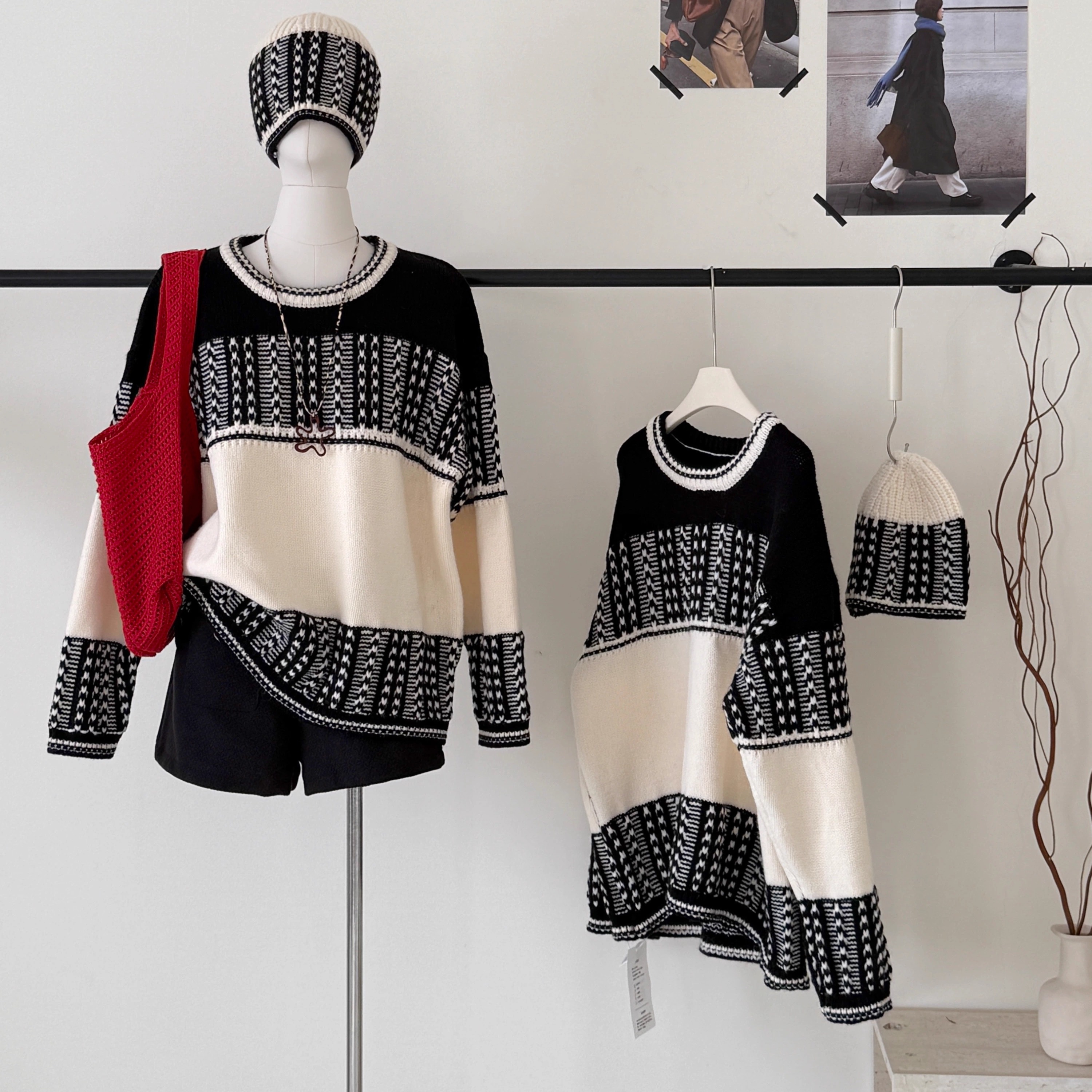 撞色提花套头费尔岛毛衣女秋冬