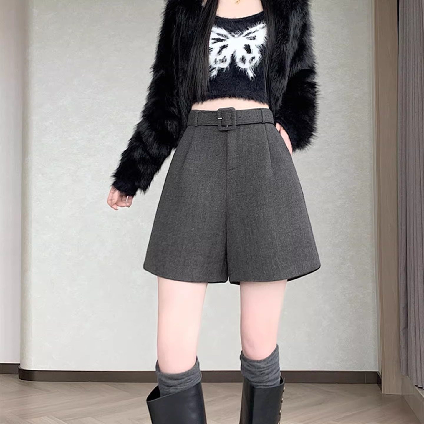 灰色高级感五分西装裤松紧腰厚羊毛呢阔腿裤女秋冬小个子靴裤外穿,女装/女士精品,休闲裤,淘宝优惠券,粉丝福利购,淘宝优惠卷