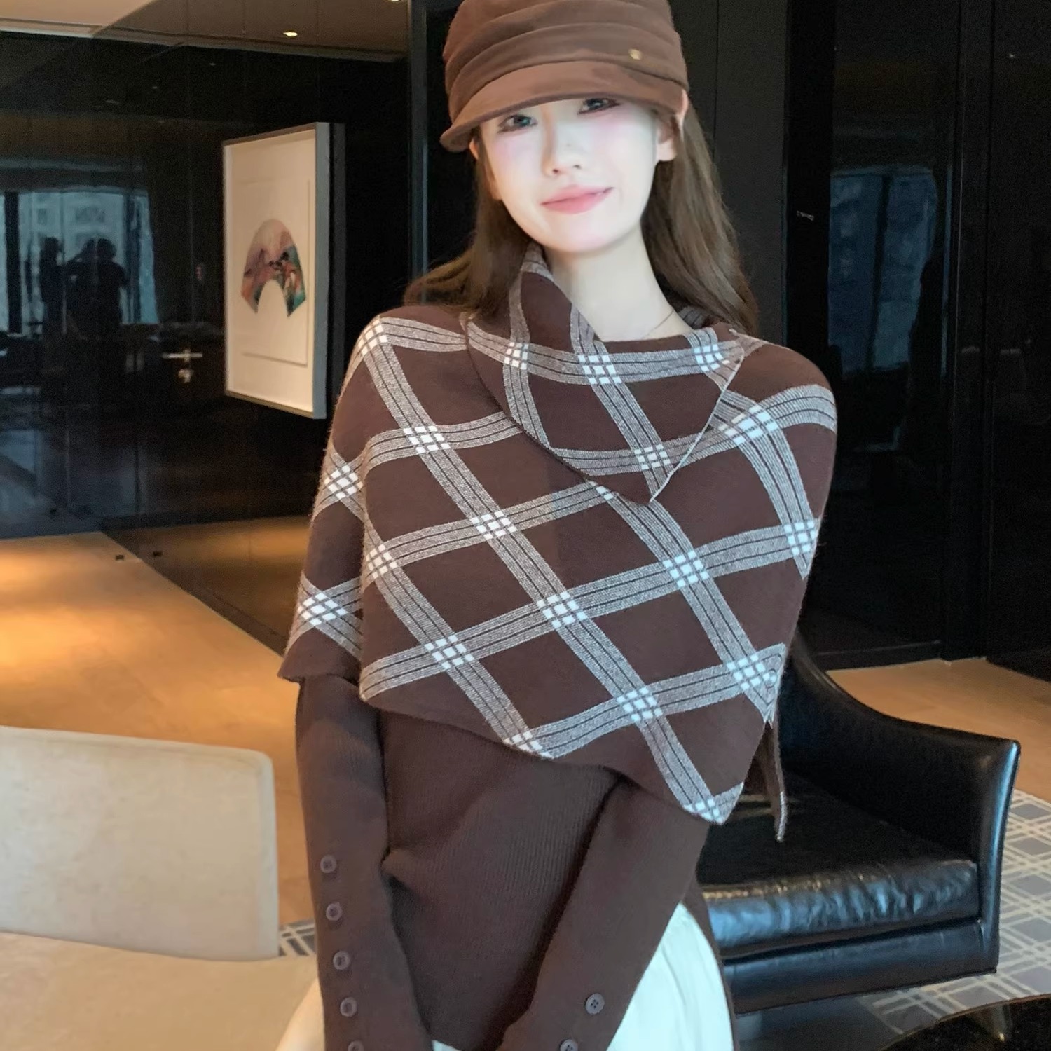 半高领格子斗篷毛衣外套+内搭打底针织衫外穿女冬两件套气质上衣