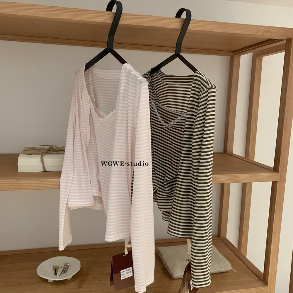 通勤条纹吊带背心+针织开衫两件