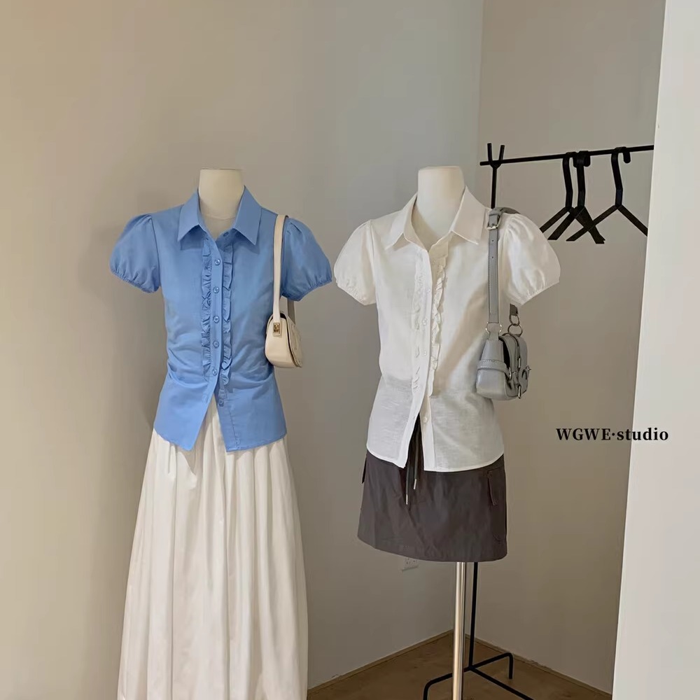 法式木耳边正肩短袖白衬衫女夏季