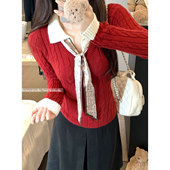 短款 麻花毛衣内搭修身 上衣 女秋冬2026春季 polo领假两件针织衫