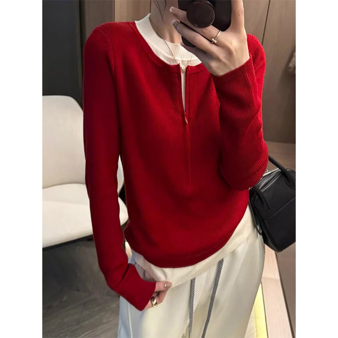 韩系红色假两件正肩针织打底衫女26春秋冬设计感毛衣内搭短款上衣