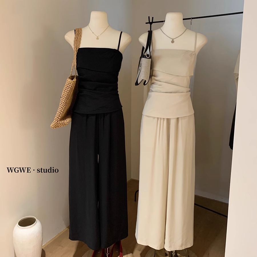 褶皱修身吊带背心+松紧腰长裤